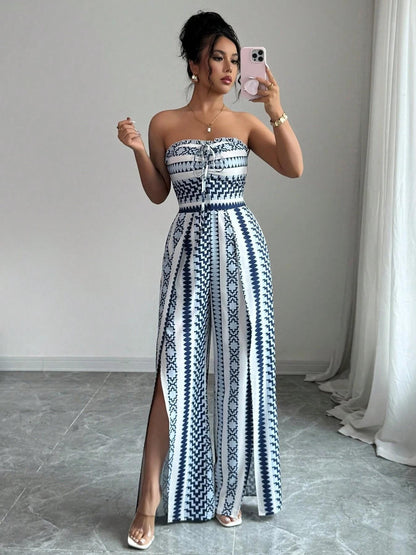 👗💙 Geometrischer Jumpsuit mit Halter-Ausschnitt & Seitenschlitz – 50% RABATT! Perfekt für Strand, Büro & Abend. 🔥✨