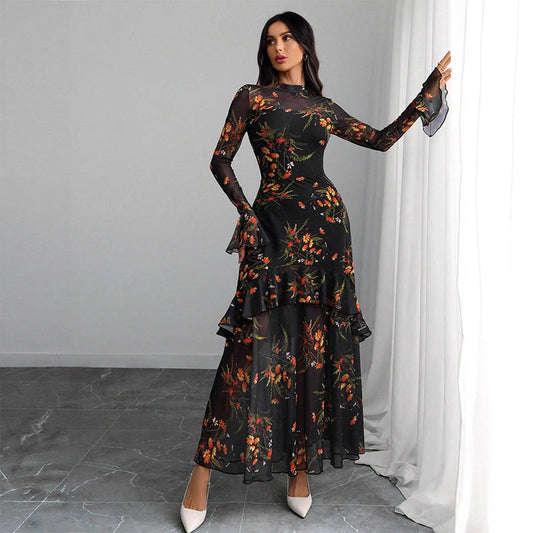 ✨2026 Neuankömmling 50%RABATT🌸Blumendruck Tüll-Mesh Rüschensaum Maxikleid
