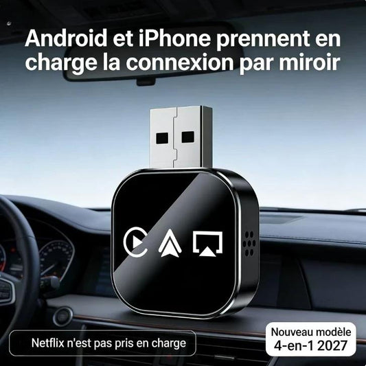 【4 en 1】Adaptateur CarPlay Sans Fil 2027 - Conversion Filaire vers Sans Fil, Plug & Play, Compact et Stable, Compatible avec Voitures et Modèles Android/iPhone - Accessoires Auto