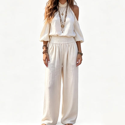 🔥 50% RABATT! 🌸 Damen 2-teiliges Set ✨ Cold-Shoulder Neckholder-Top & Weite Hose – Leicht, Elegant & Perfekt für Sommer, Urlaub und Freizeit