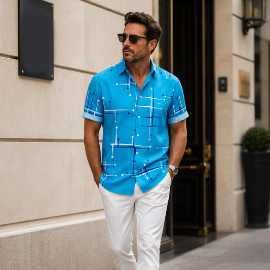 👔 📐Herren Geometrie-Print Relaxed-Fit Kurzarmhemd